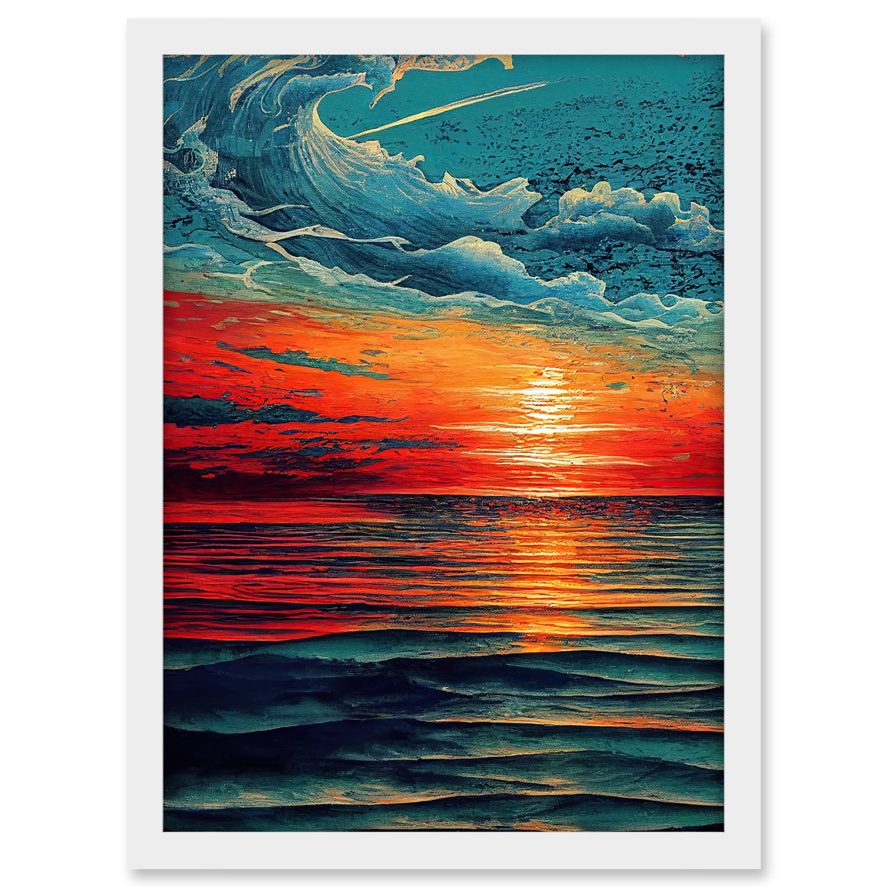 Artery8 Seascape Scarlet Sunrise Fiery Horizon Clouds Artwork Framed A3 Wall Art Print