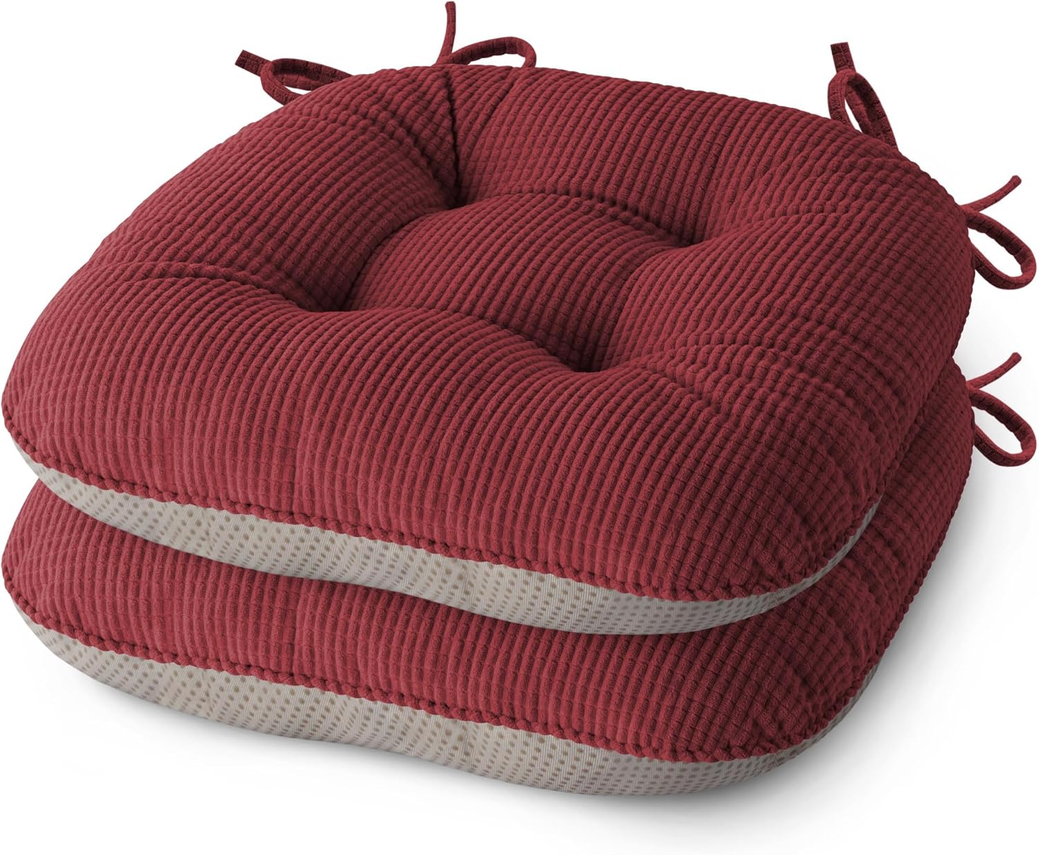 Indoor Dining Chair Cushions Set of 2 Kitchen Chair Pads with Ties Tufted Seat Cushion with Anti-Slip Backing 17"X16"X3" Red