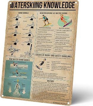 Homely Accents Waterskiing Knowledge Vintage Metal Tin Sign, Wall Art Decor Poster for Waterskiing Enthusiasts Gift for Men Women, Home and Club Decoration 12x16 Inches