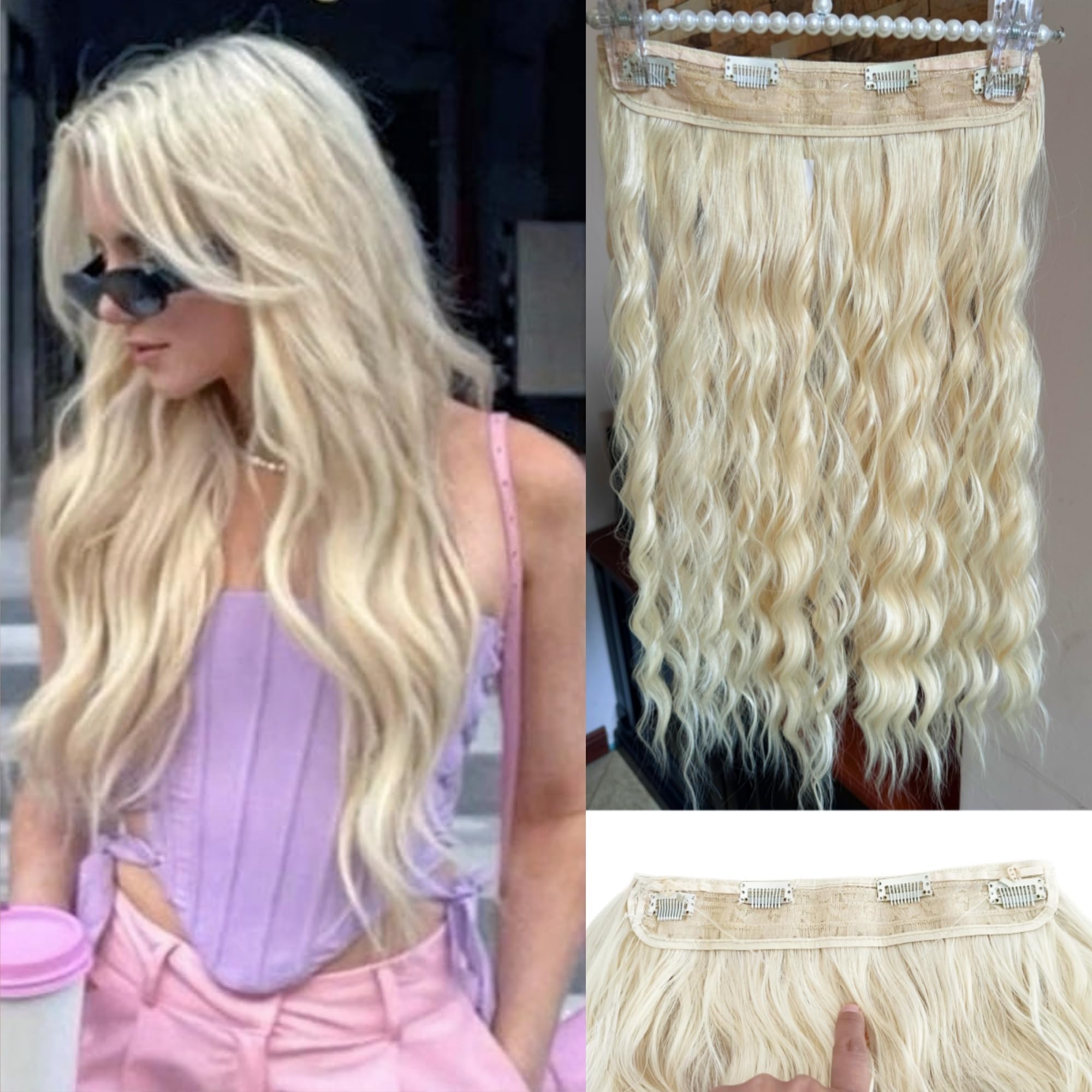 LK BUNANA Long Wavy Invisible Wire Hair Extensions Blonde Clip in Hairpiece 20 Inches for Women 4Clips (20 Inch, Platinum blonde)
