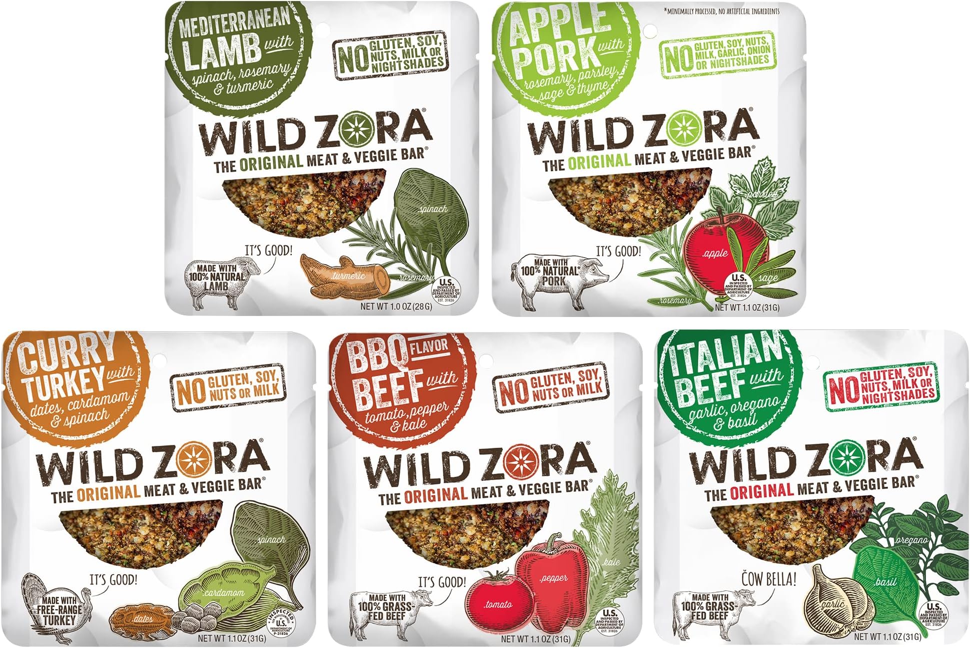 Wild Zora Meat and Veggie Bars Variety Pack Sampler - Healthy Jerky Paleo Snacks