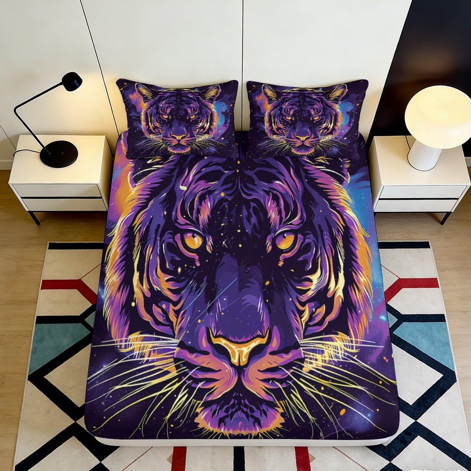 3D Printed Neon Tiger Fitted Sheet Microfiber Bedroom Decor Cosmic Jungle Mattress Cover for Home Dorm Protection 90x200x25cm