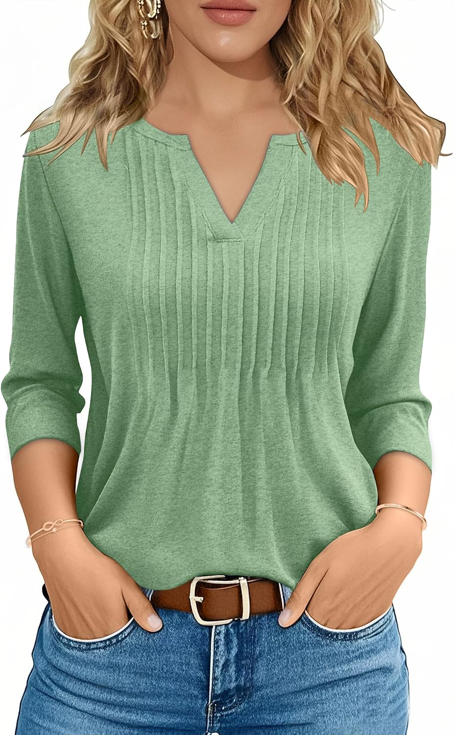 FreshNight 3/4 Length Sleeve Womens Tops Pleated V Neck T Shirts for Women Blouses Dressy Casual