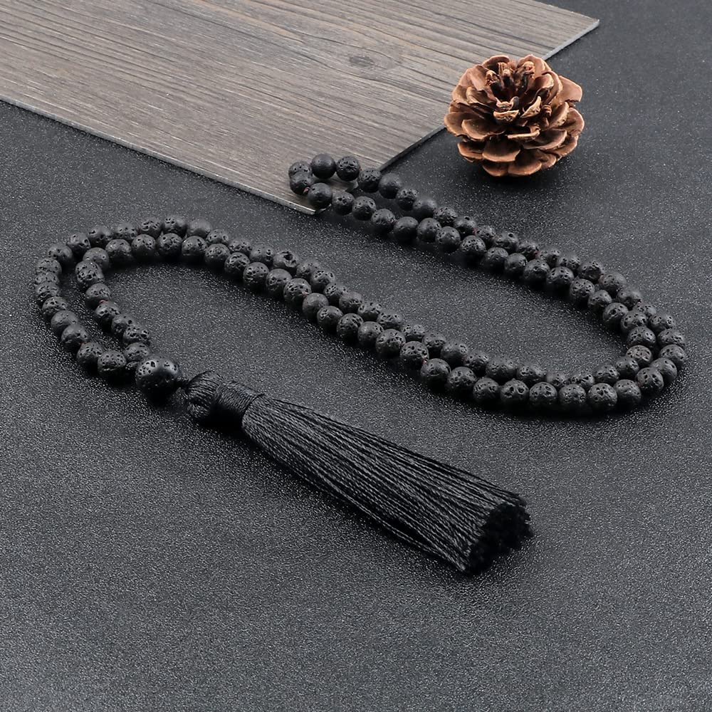 Collier Hommes Pendentif Femmes Colliers Cadeau 108 Collier De Perles De Pierre Noire Brillante Hommes Collier De Perles De Pierre De Lave Volcanique Méditation À La Main
