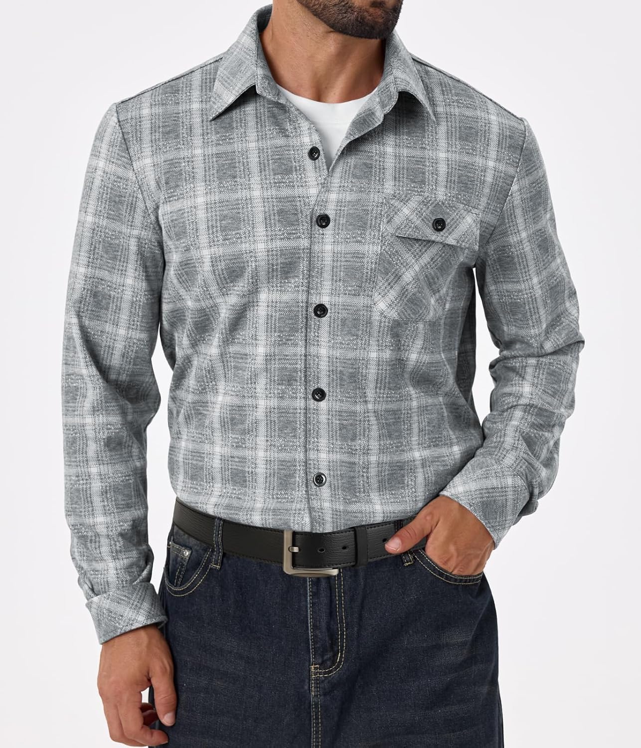 Mens Stretchy Knit Plaid Shirt Long Sleeve Button Down Shirts Casual Western Cowboy Tops - Image 2