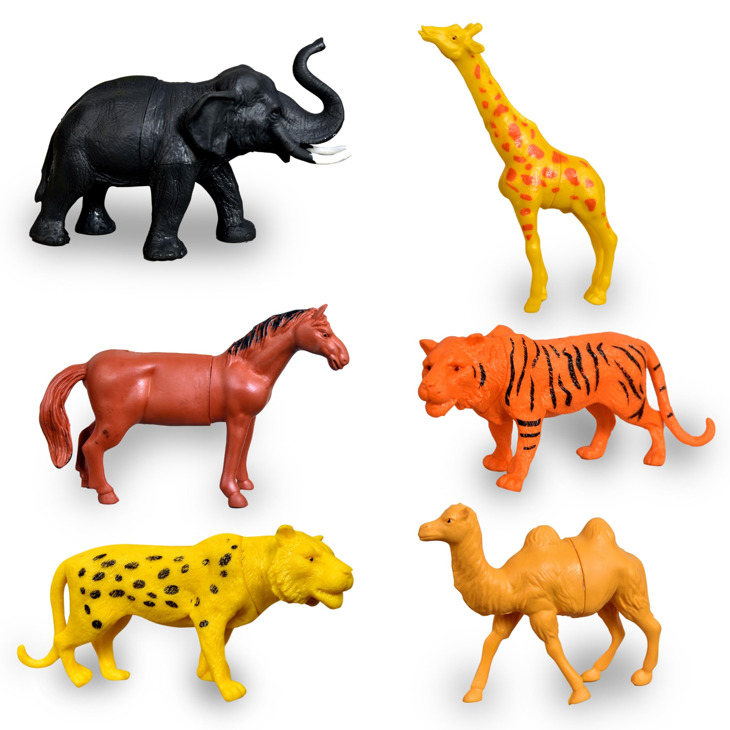 TEC TAVAKKAL Set of 6 Big Size Full Action Toy Figure Jungle Cartoon Wild Animal Toys Figure Playing Set for Kids Current Animals Toys for Kids Elephant Tiger Giraffe Horse Leopard and Camel