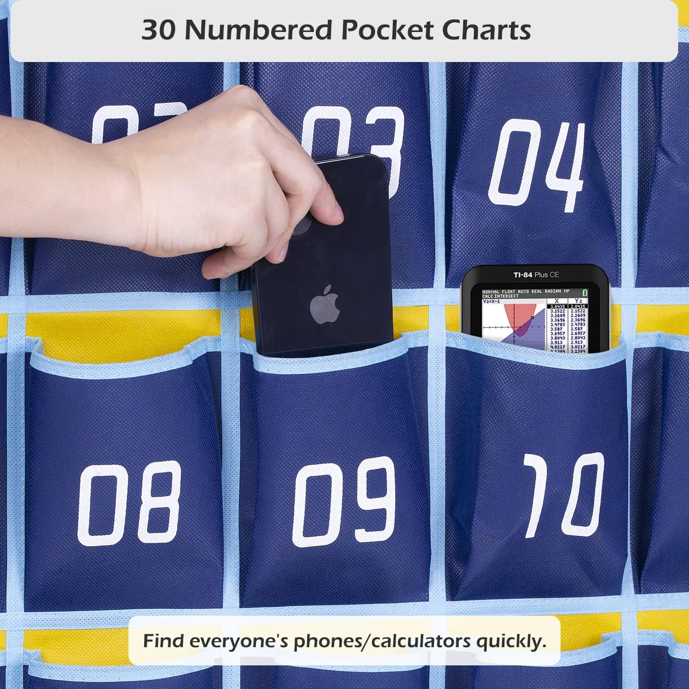 MISSLO Classroom Cell Phone Calculator Holder Numbered 30 Pockets Chart Hanging Wall Door Storage Organizer (Blue)