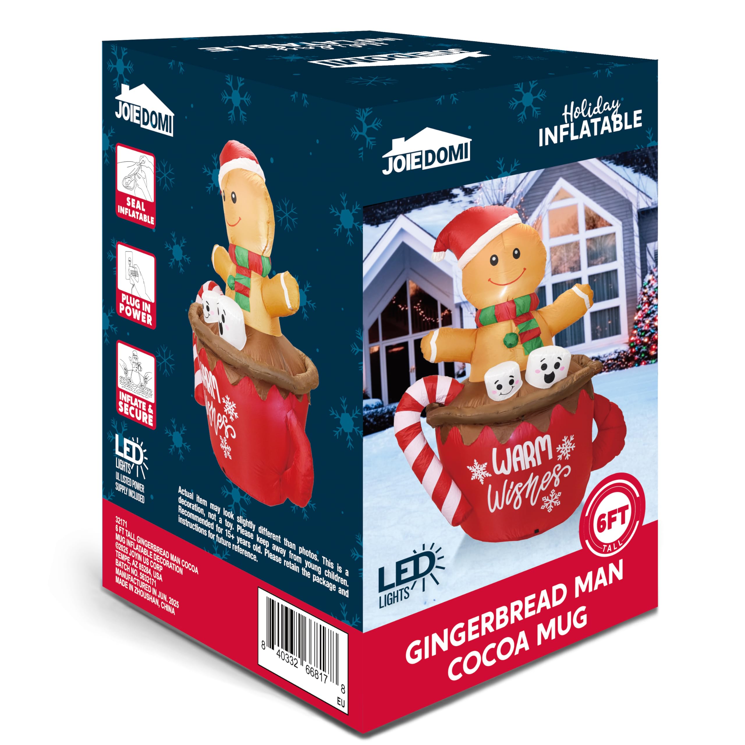 JOIEDOMI Omino di Pan di Zenzero Gonfiabile di Natale Alto 1,8 m, Omino di Pan di Zenzero Gonfiabile in Tazza di Cioccolata Calda con Luci a LED Incorporate, Decorazione Gonfiabile all'Aperto