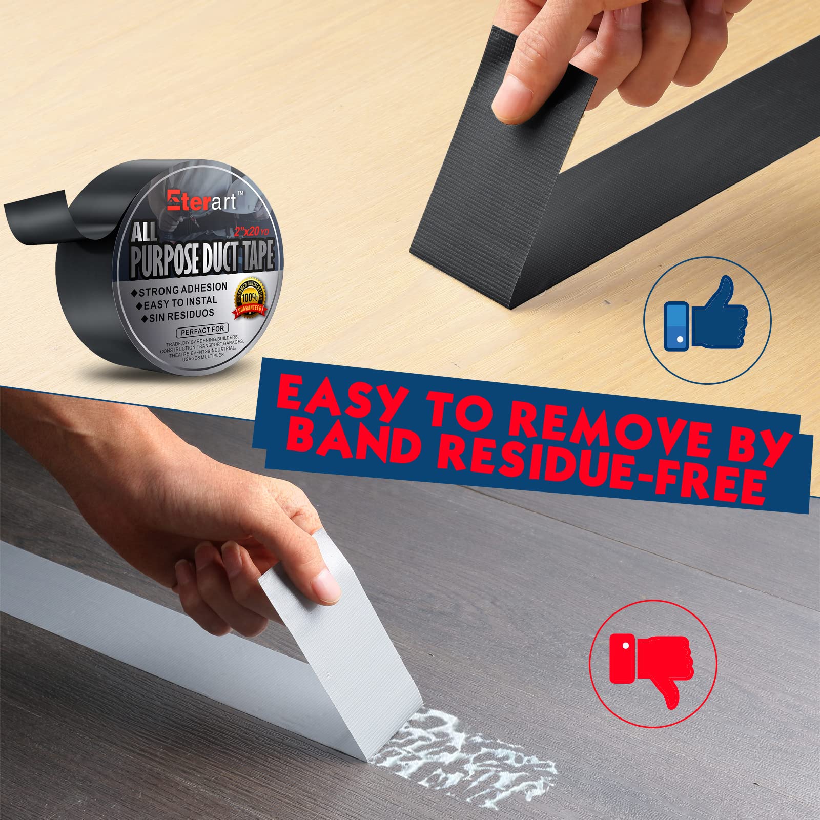 Eterart Cinta adhesiva Haevy Duty resistente industrial de máxima resistencia, cinta negra, sin residuos ni desgarros a mano, multiusos, uso en interiores y exteriores, 2 pulgadas x 20 yardas