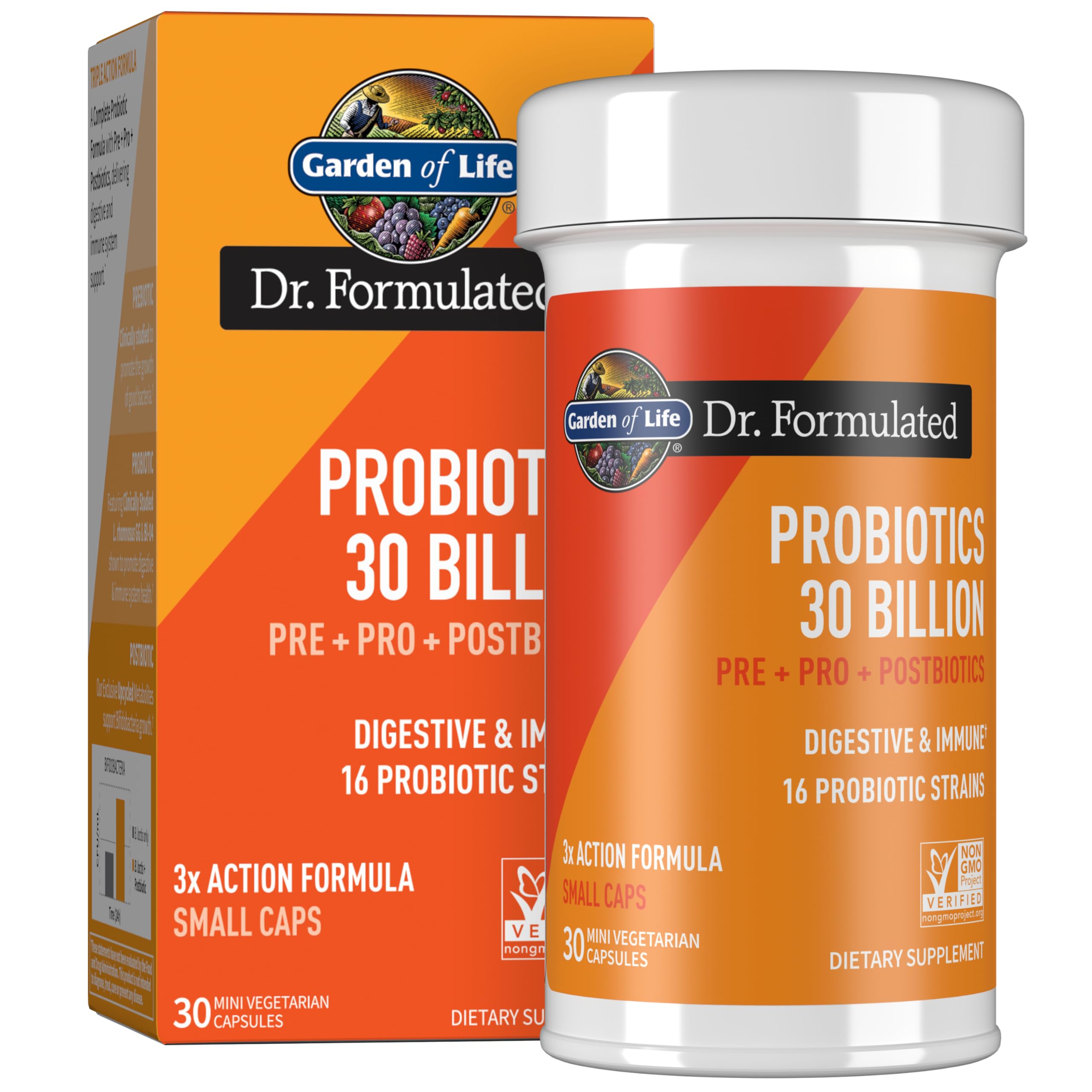 Garden of Life Dr. Formulated Once Daily 3-in-1 Complete Probiotics, Prebiotics & Postbiotics - Pre+ PRO + Post-Stbiotic Supplement for Adult Digestive and Immune Health, 30 Billion CFU, 30 Day Supply