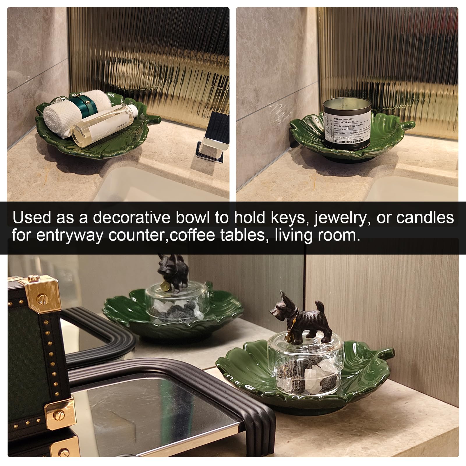 ALIWINER Palm Leaf Small Green Decorative Key Bowl for Entryway Table Ceramic Leaf Bowl for Kitchen Decor Cocktail Table Decoration