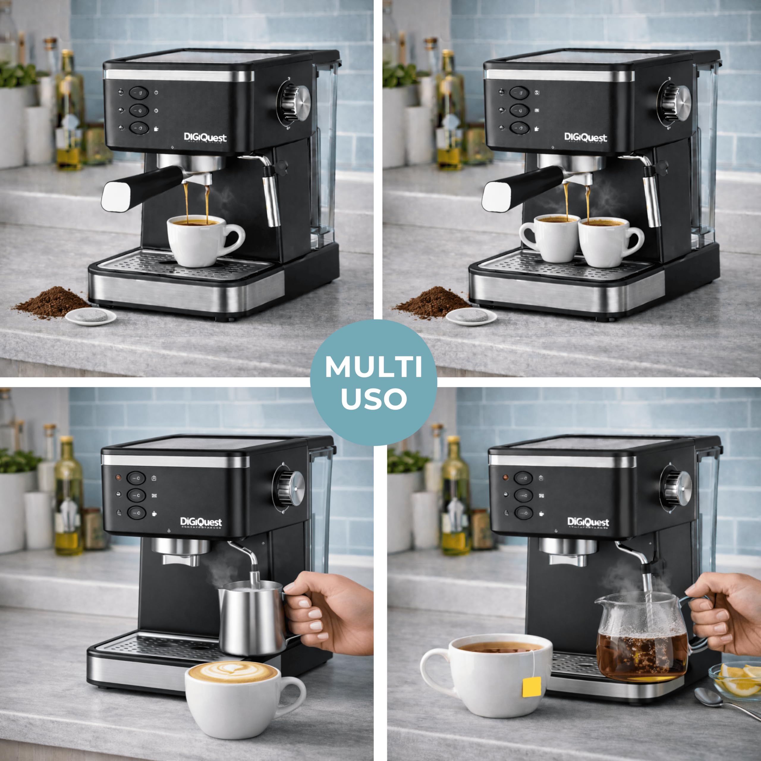 DIGIQUEST Pocia Coffy Macchina da Caffè Espresso | 20 Bar | Compatibile con Caffè in Polvere e Cialde | Funzione Cappuccino, Vapore e Acqua Calda