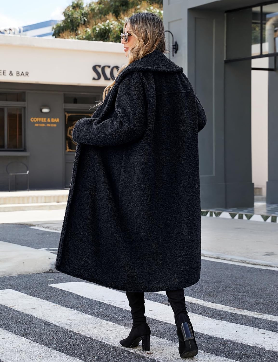 Womens Fleece Long Jackets Oversized Double-Breasted Fluffy Coats Winter Lapel Faux Fur Warm Overcoats with Pockets - Image 5