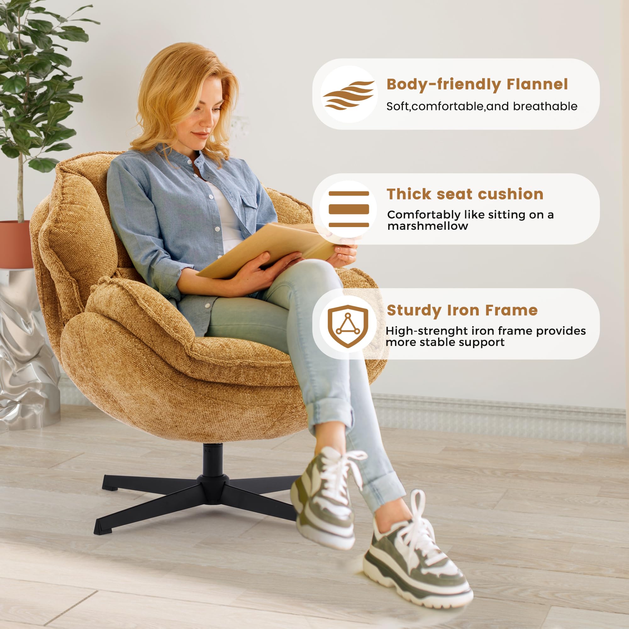 IWMH Obrotowy fotel akcentowy, zestaw 2 sztuk, tapicerowany fotel akcentowy, wygodny wyściełany fotel na krzyżakach, metalowa rama i szerokie siedzisko, fotel wypoczynkowy Lazy Chair, do salonu