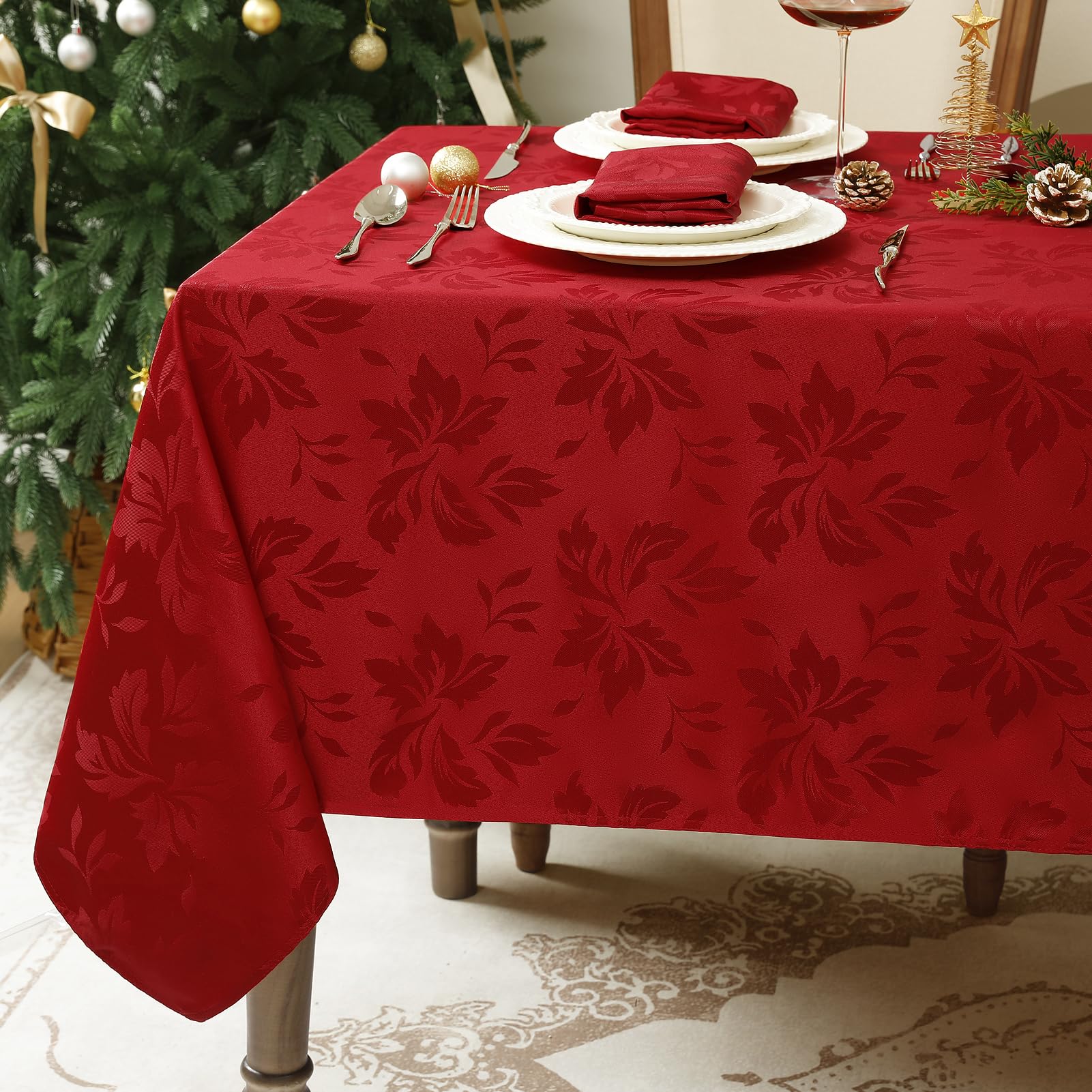 Romanstile large Red Christmas Table Cloth Rectangular 140x280 cm,Water-Repellent & Wipe Clean,Elegant Floral Jacquard,Xmas Tablecloth for Holiday Dining,Christmas Dinner,New Year Party,Family Meals — image 1