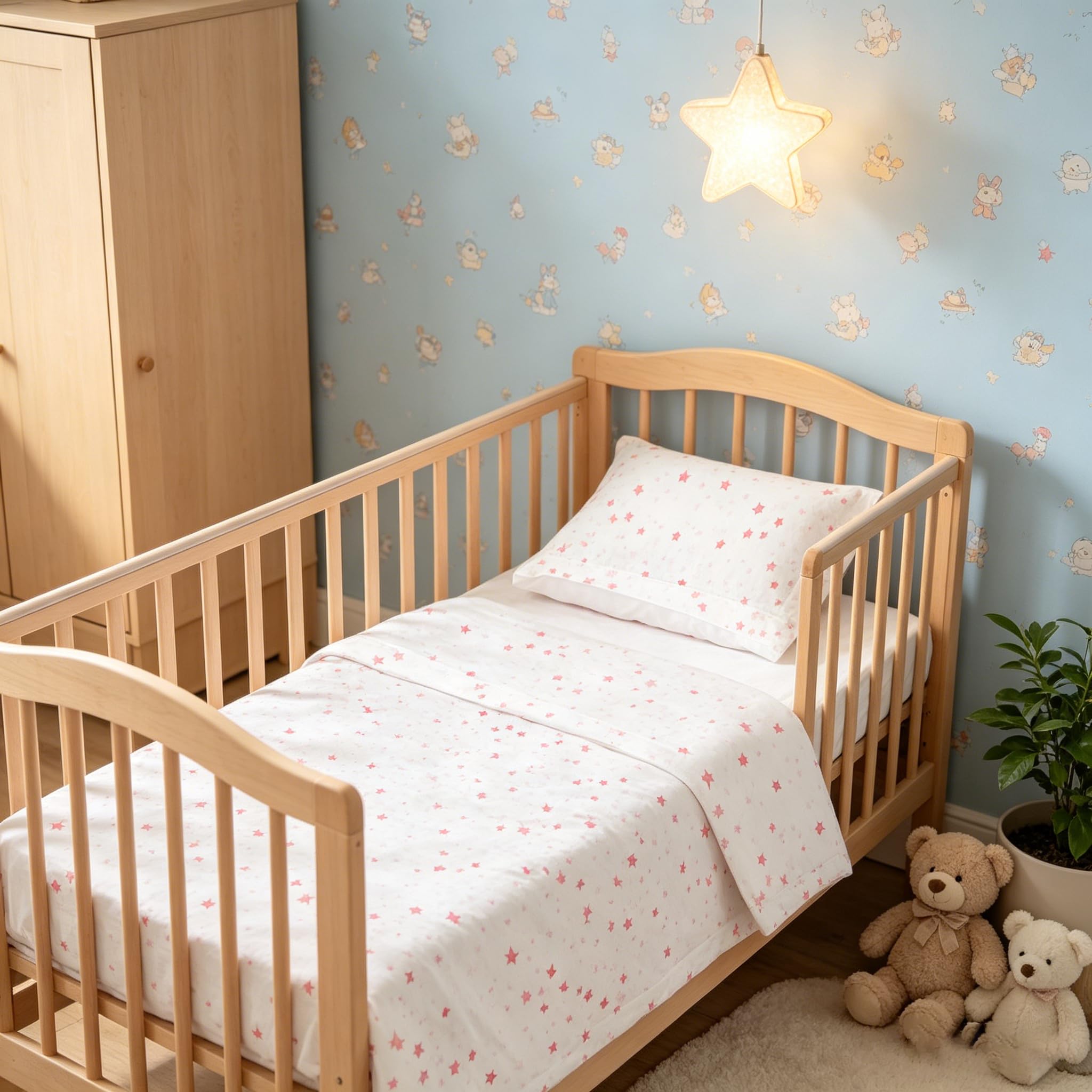 various Juego de Sábanas para Cuna Bebé 60x120 cm, 100% Algodón Extra Suave, Incluye Bajera Ajustable, Encimera y Funda de Almohada, Ropa de Cama Infantil Transpirable Estampado Luna Rosa/Blanco