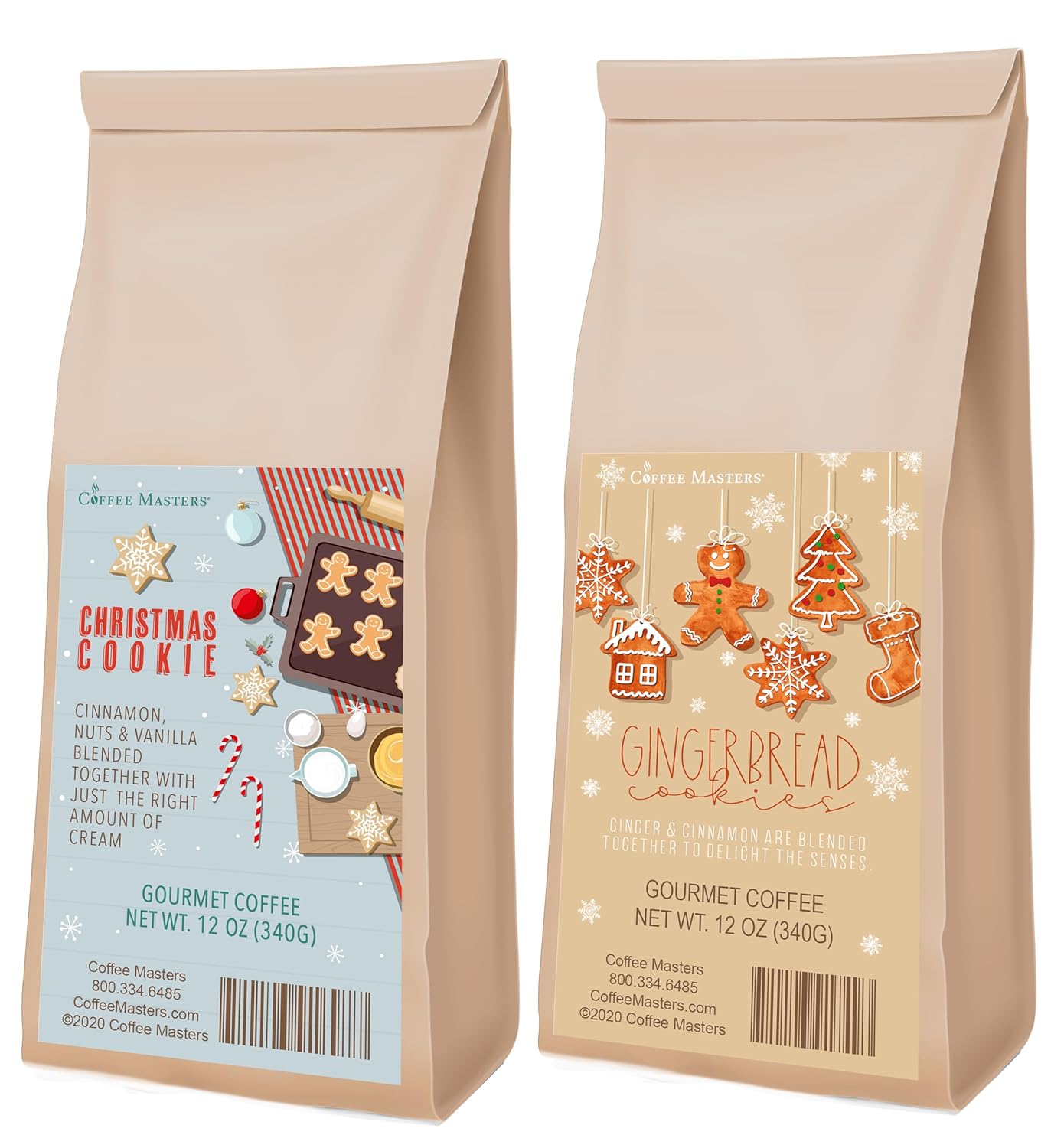 Coffee Masters Christmas Coffee Sampler -Christmas Cookie and Gingerbread Cookie 12 oz Ground Coffee