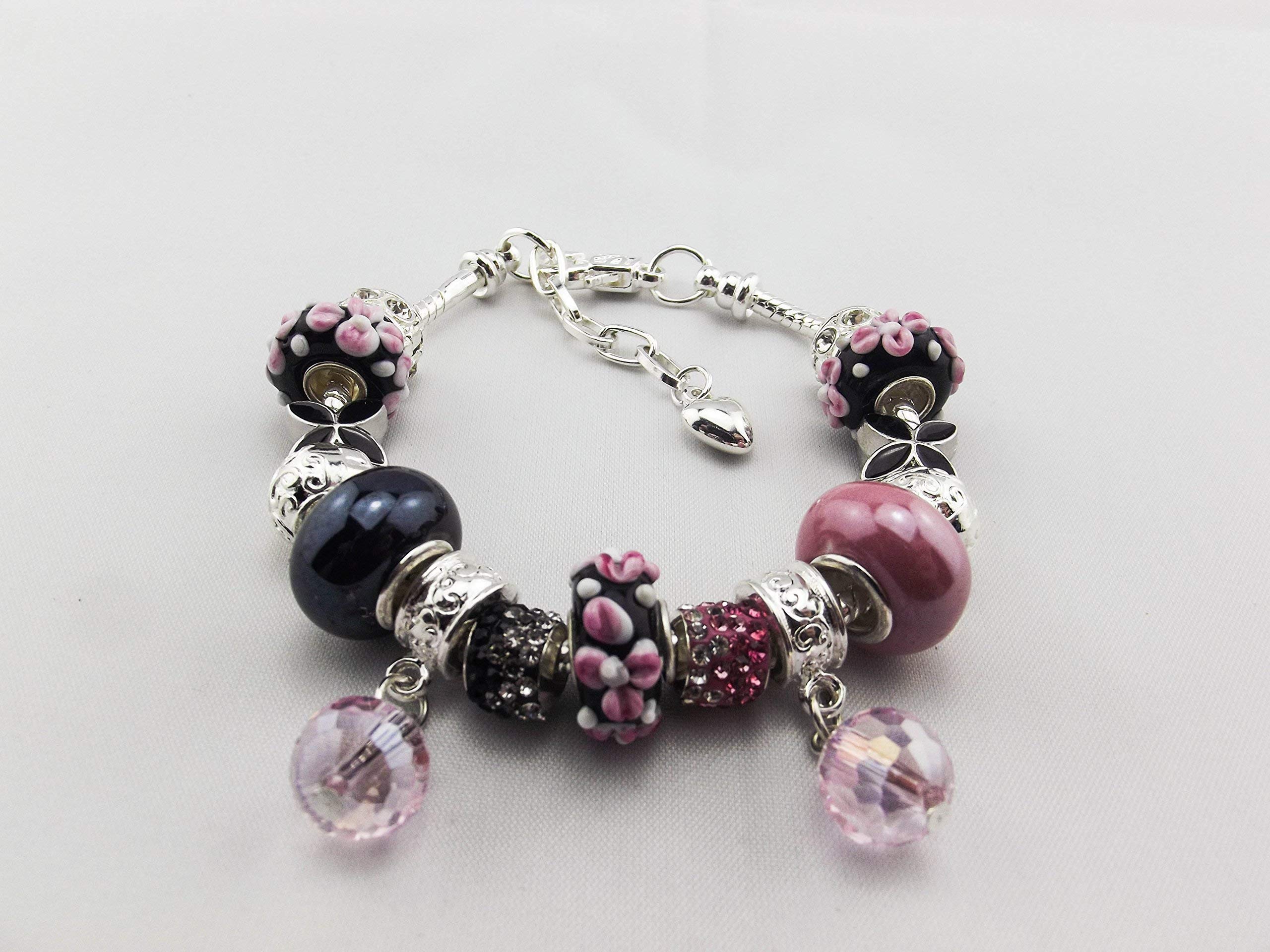 Charm and Bead Bracelet - Pink & Black