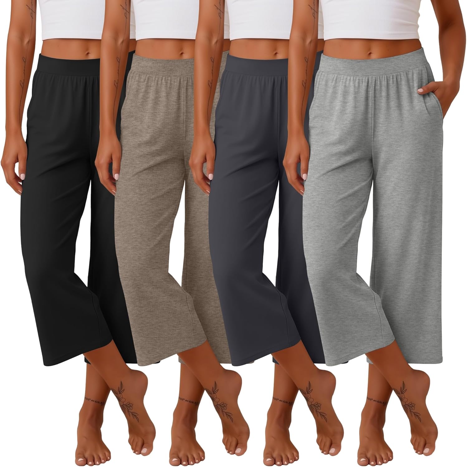 Neer 4 Pack Women's Capri Pants Wide Leg Capris Yoga Sweatpants Lounge Loose Fit High Waist Workout Cropped Pants with Pocket