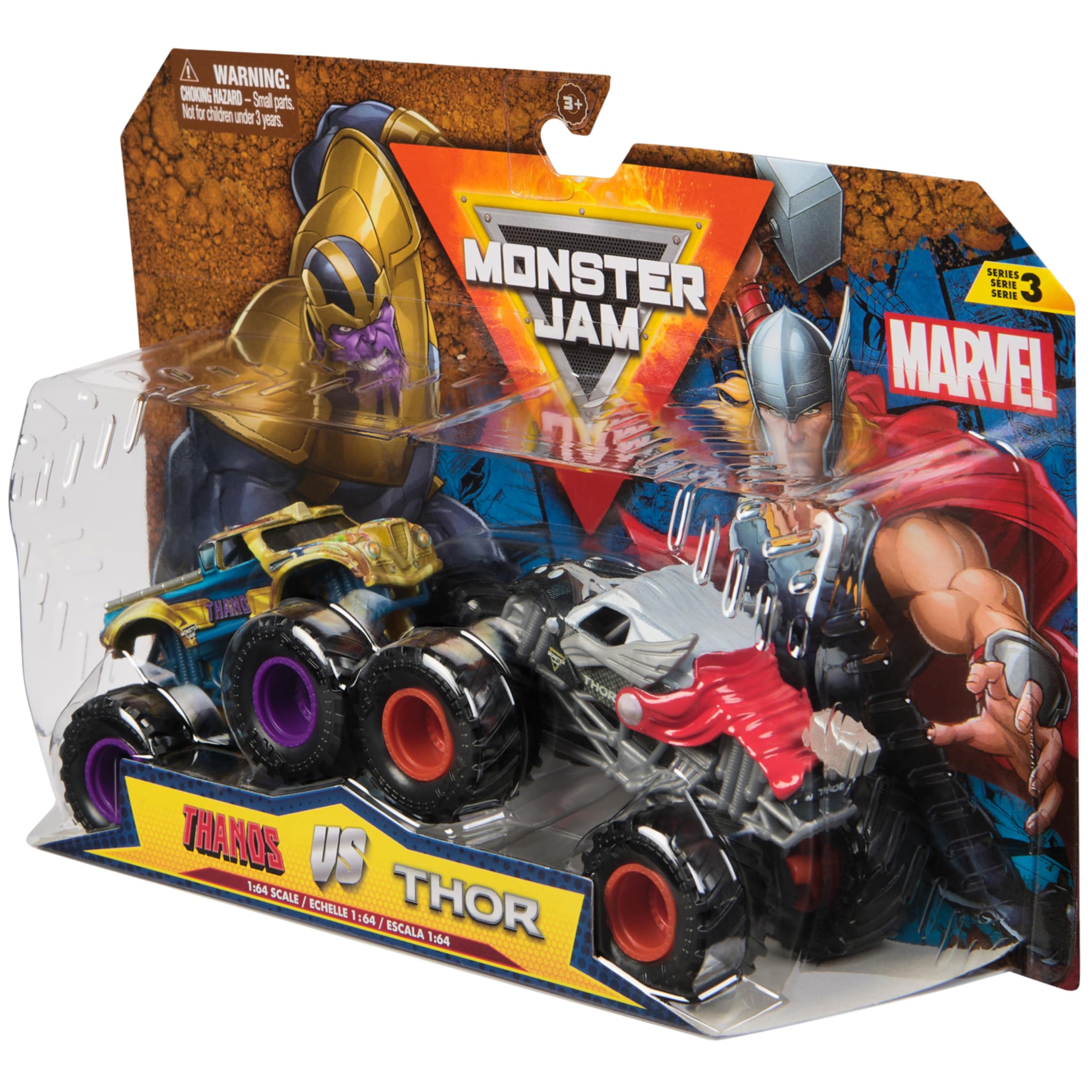 Monster Jam, Marvel Oficjalne odlewane ciężarówki Thanos Vs Thor Monster Truck w skali 1:64, zabawki dla chłopców i dziewczynek od 3 lat