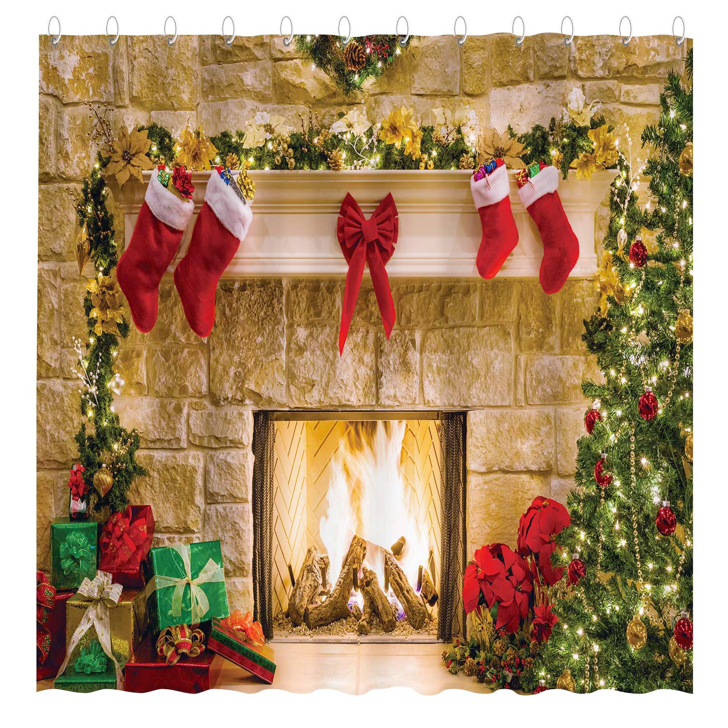 Funnytree Christmas Fireplace Shower Curtain Set with Hooks Winter Interior Xmas Tree Stockings Home Bathroom Bathtubs Decor Easy Care Waterproof Washable Durable Polyester Fabric 72"x72"