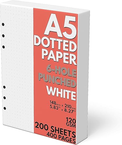 A5 Dot Grid Paper, Extra Thick, 6-Hole Punched, 200 Sheets (400 Pages), 120 GSM