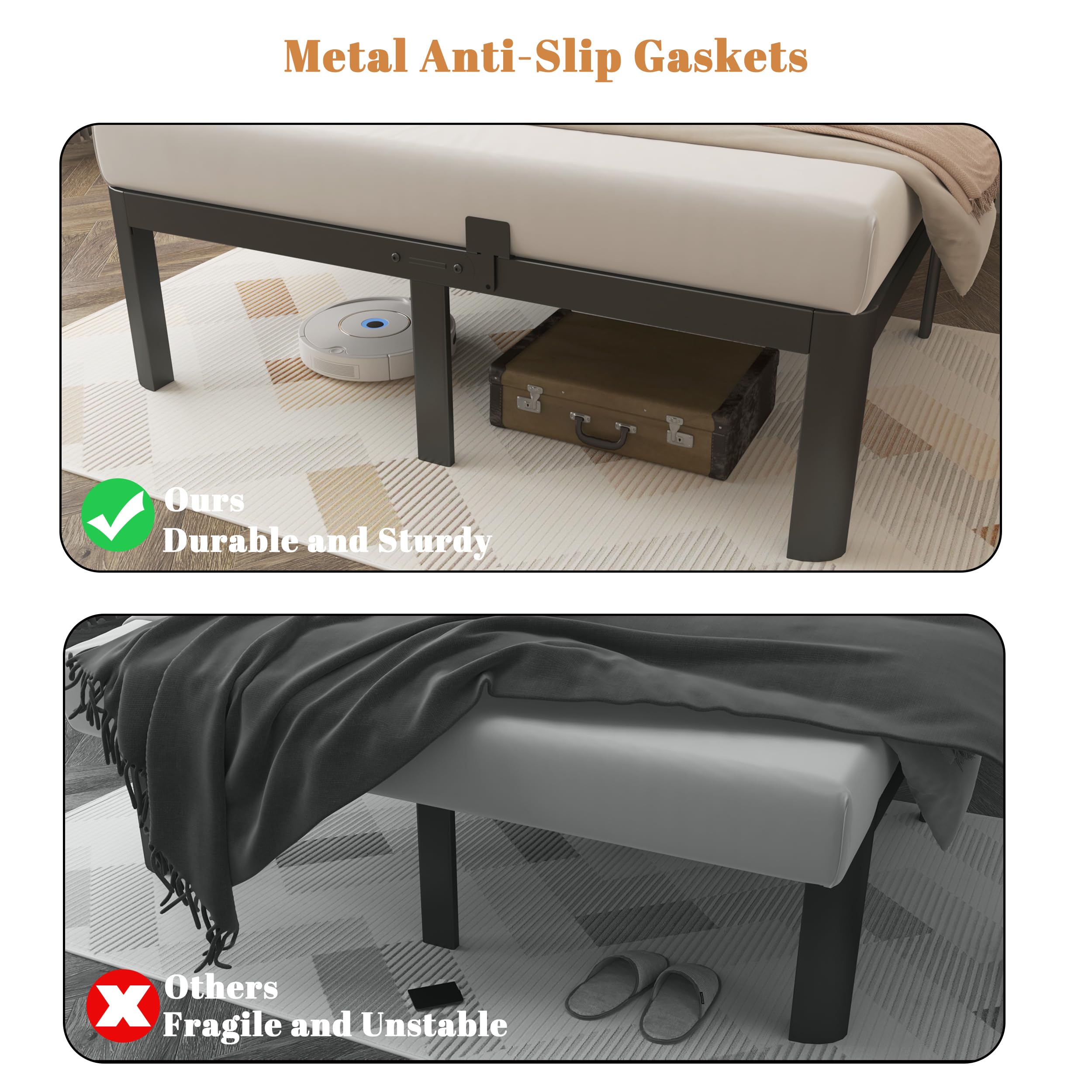 Base de cama de tamaño matrimonial de 16 pulgadas, marco de cama matrimonial negro con deflectores antideslizantes, no necesita somier, soporte de plataforma de acero resistente, patas de 5