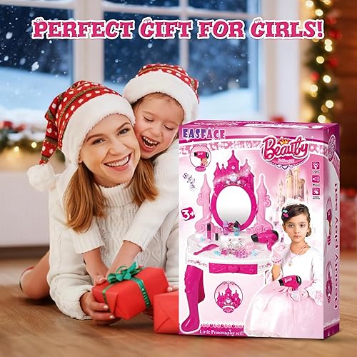 Miniatura 7 de Juego de tocador para niñas, juego de mesa de tocador y silla de maquillaje para niños pequeños, juguetes con luz musical, juego de disfraces