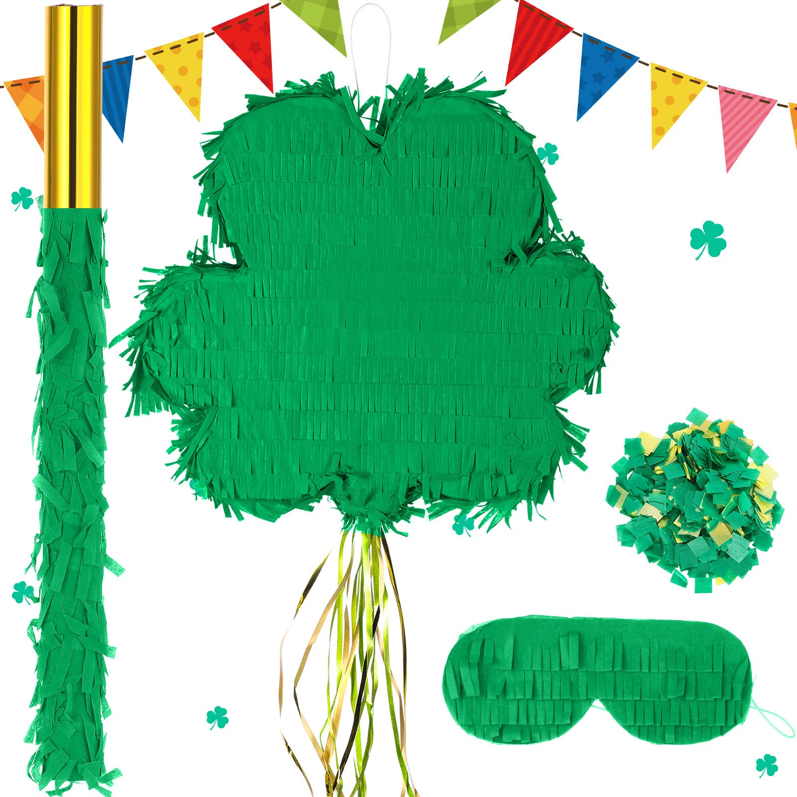 St. Patrick's Day Clover Shamrock Pinata with Bat, Blindfold and Confetti, Pull String Green Pinata for Girl Boy Kid St. Patrick's Day Birthday Party Game Decorations Supplies, 13.4 x 11.8 x 2.8 Inch