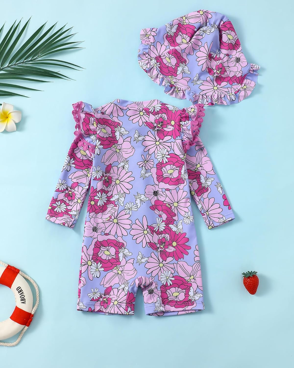 Toddler Girl Swimsuit Baby Girl Bathing Suit Long Sleeve Floral Zipper One-Piece Rash Guard Swimsuit with Hat - Image 3