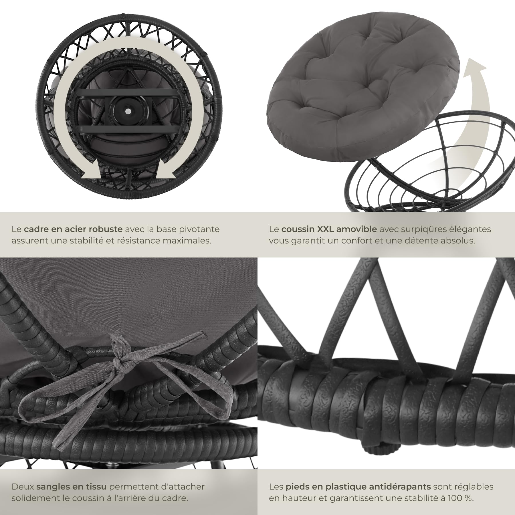 tectake® Fauteuil Papasan en Rotin Chaise Relax Ronde Résine Tressée 1 Place Pivotant à 360°, Coussin Épais Grand Confort Inclus, Mobilier de Jardin pour Amenagement Balcon Terrasse Salon de Jardin