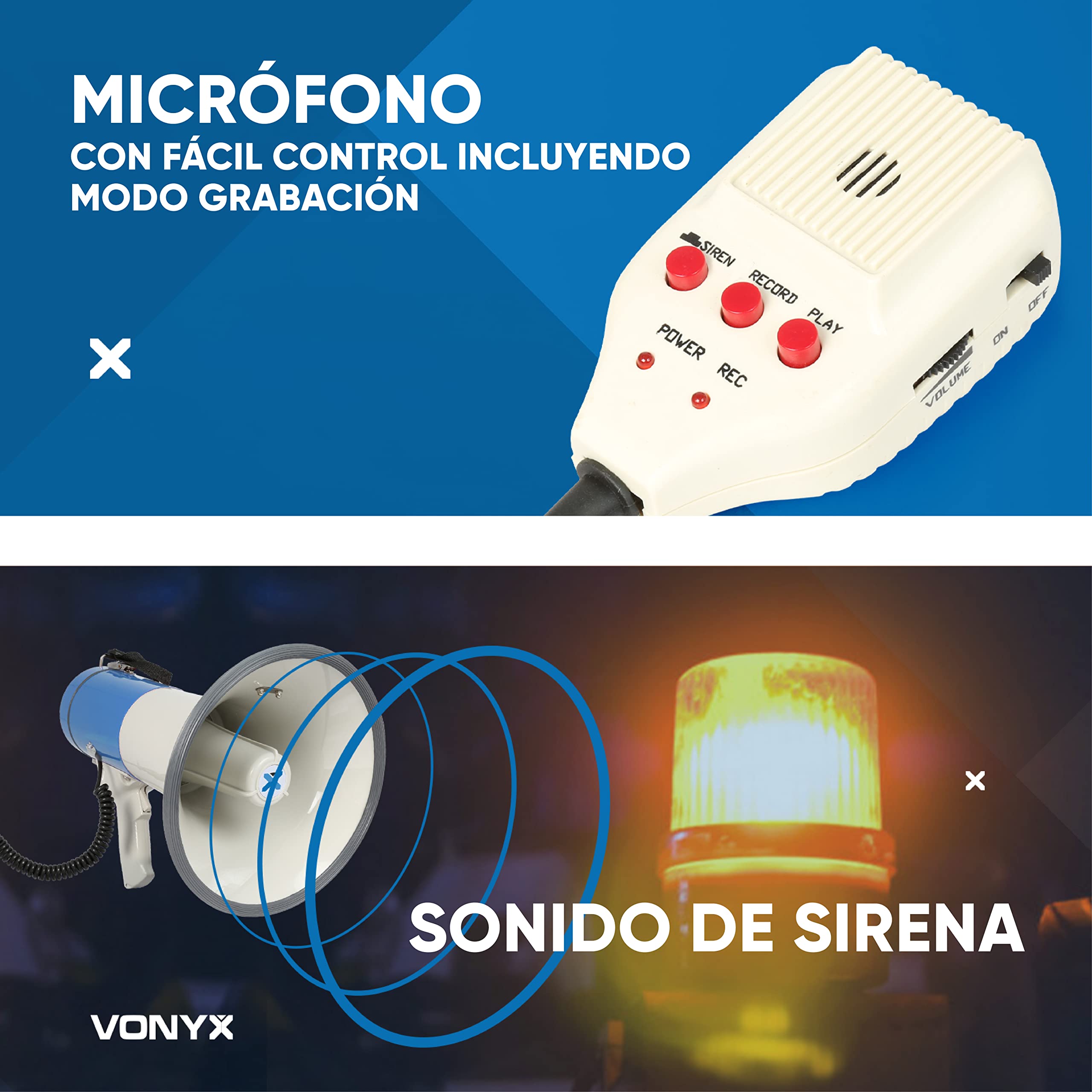 Vonyx Megáfono Portátil 55W 60W 65W Grabación 1,2 km Micrófono Extraíble Reproductor MP3 USB Correa Hombro