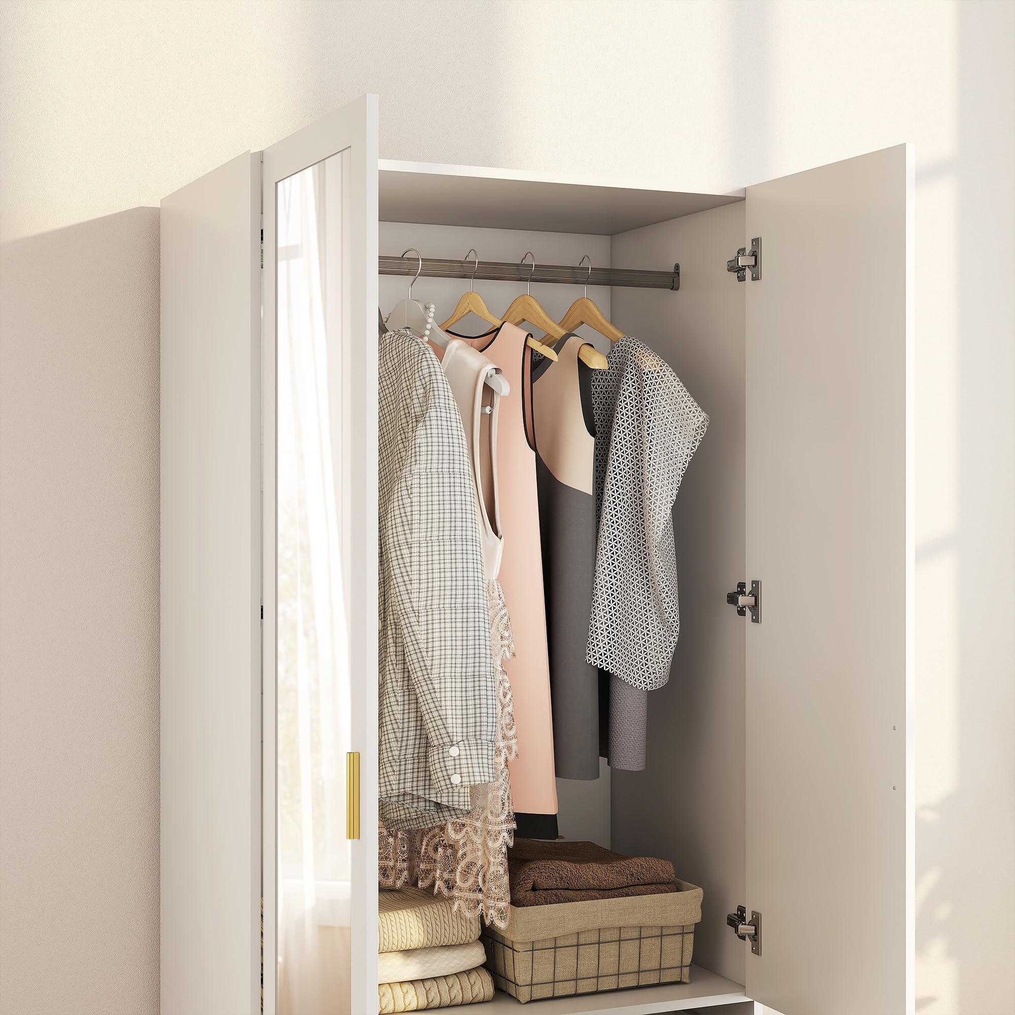 HOMCOM Armoire Chambre penderie avec Miroir, 2 Portes, Armoire à vêtements, Dressing avec 2 tiroirs et Barre de Suspension, Style Moderne, 80 x 50 x 180 cm, Blanc