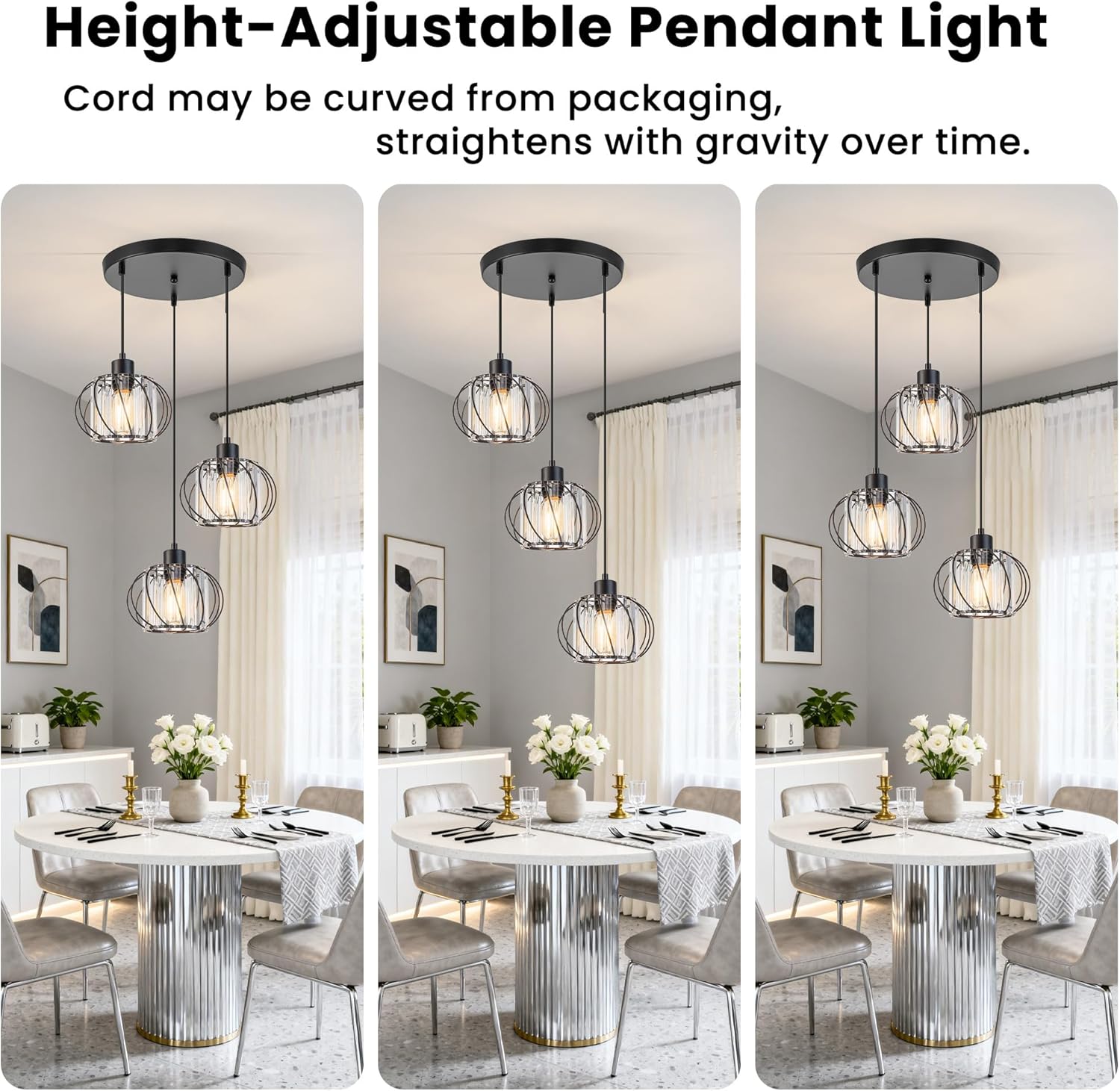 Cluster Pendant Light Fixtures, 3-Light Pendant Lights Kitchen Island, Farmhouse Hanging Light Fixture, Industrial Black Metal Cage Pendant Lighting With Clear Crystal for Sink Dining Room Hallway
