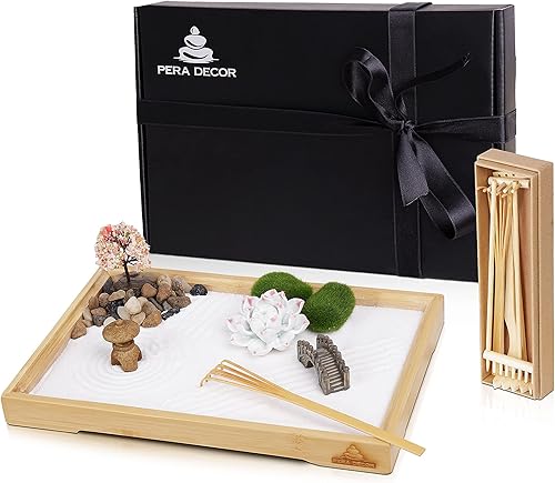 Kit de jardín Zen para escritorio jardín zen japonés de 11 x 75 pulgadas con bandeja de bambú grande arena blanca juego de herramientas de rastrillo