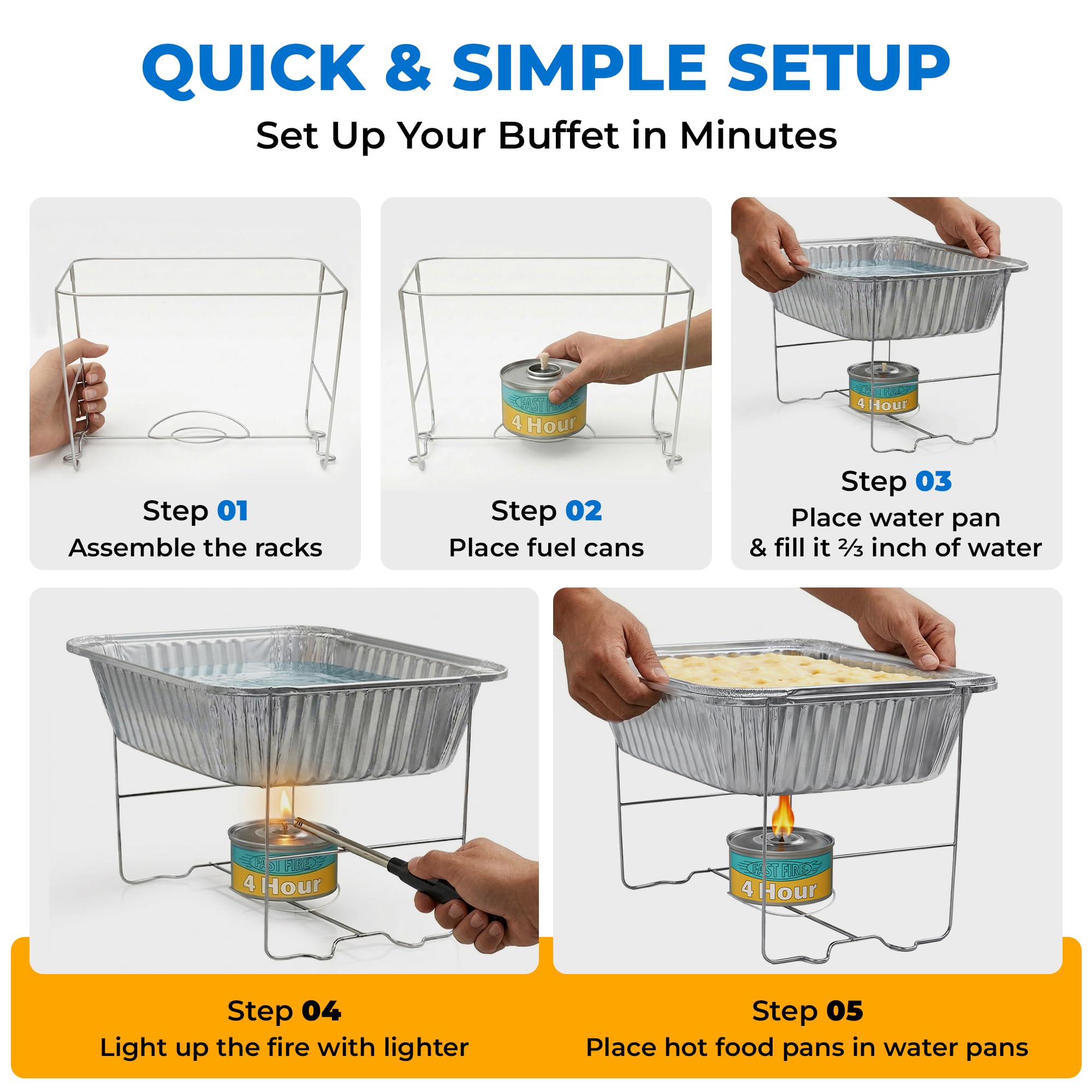 Juego de 6 platos desechables para bufé, tamaño medio (estándar de 10.4 x 12.75 pulgadas), estantes de alambre plegables patentados, latas de combustible de 4 horas, sartenes de aluminio para | Las sartenes miden 10.4 x 12.75 pulgadas, el tamaño medio est