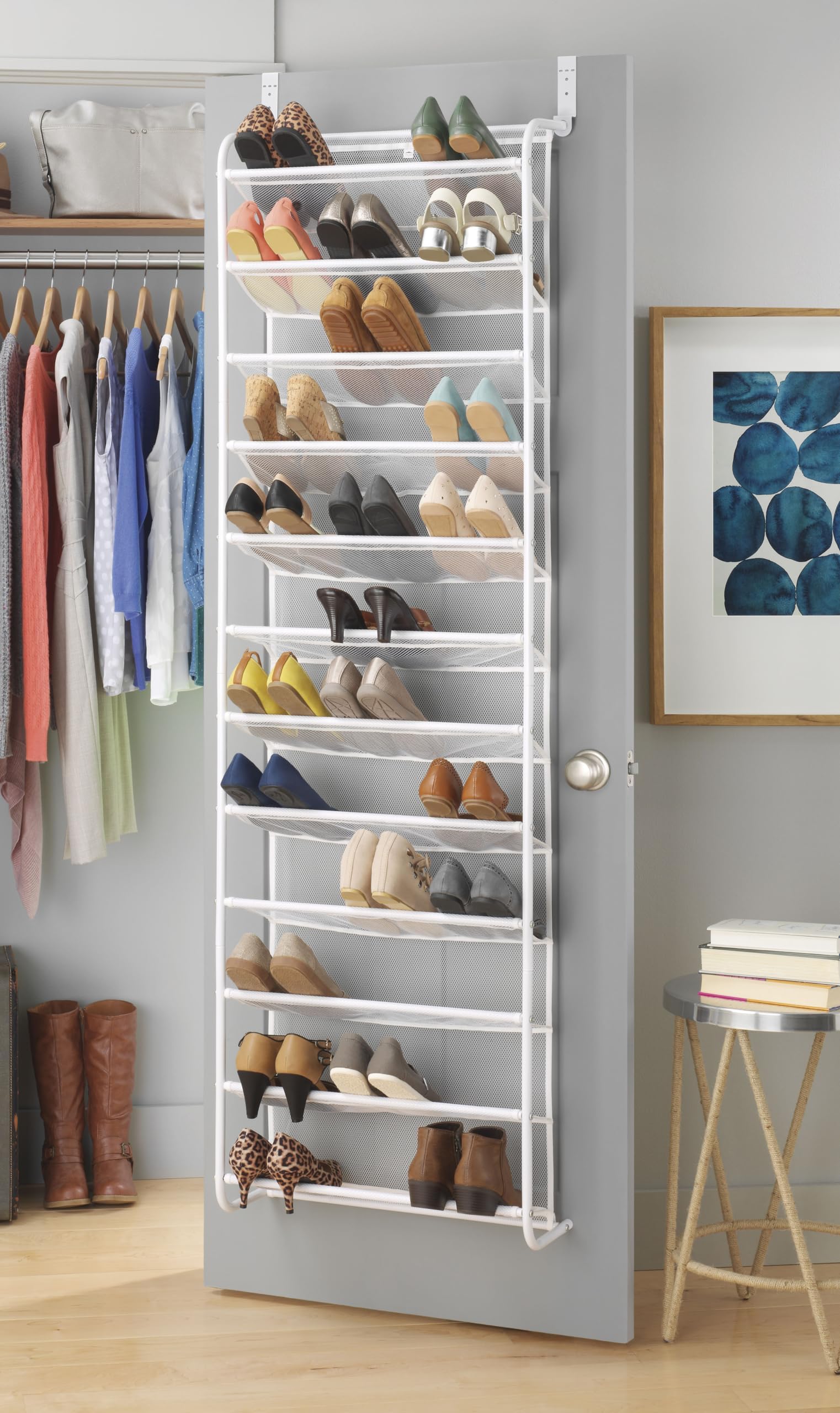 Photo 1 of **MISSING PARTS**
Whitmor 36 Pair Over the Door Shoe Rack, 12 Tier Hanging Shoe Organizer, Heavy Duty Metal & Mesh Shoe Holder, Hanging Shoe Rack for Closet Organizer & Storage, 74" L x 21.7" W x 7.5" H, White