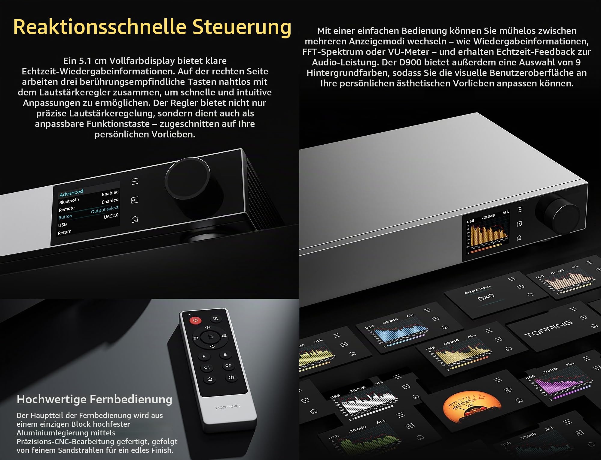 TOPPING D900 Hi-Res DAC Vorverstärker - Selbstentwickeltes PSRM-Modul BT 5.1 Unterstützung LDAC 10 Band PEQ Aurora UI mit Fernsteuerung (Silber)
