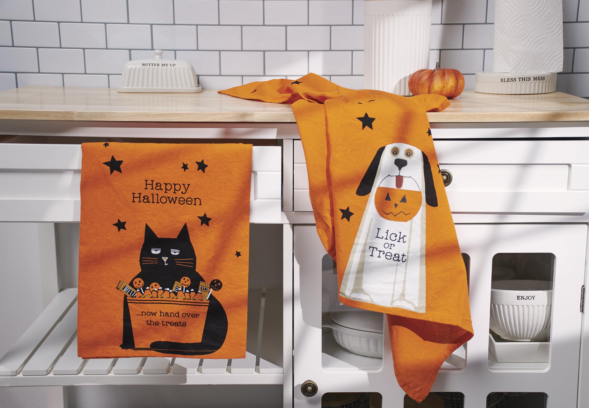 Primitives By Kathy Halloween Kitchen Towel - Hand Over The Treats Cat Design