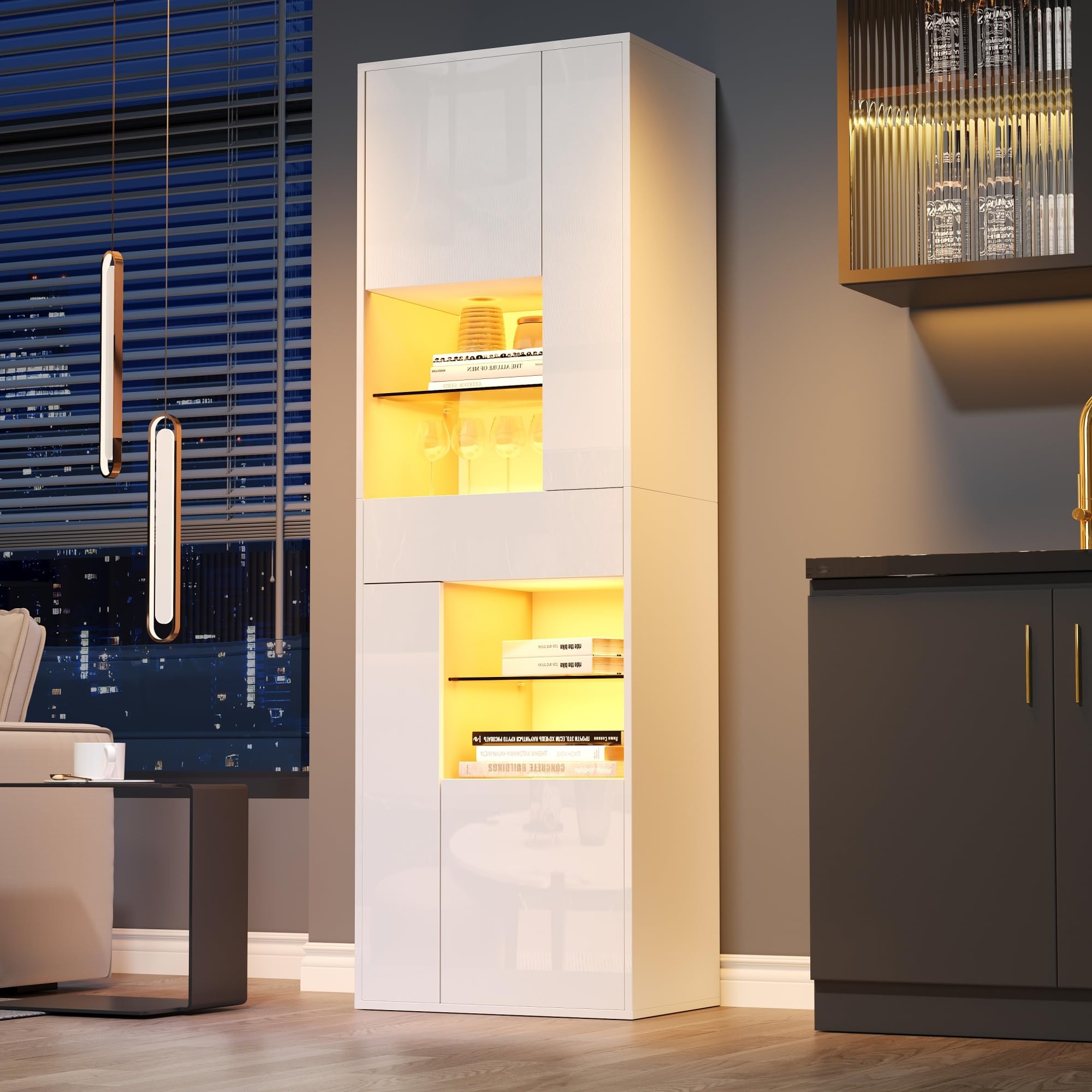 Armadio Alto Vetrina in Vetro, 55 x 38 x 170 cm, 1 Cassetto e 4 Armadi, Vetrine con Illuminazione LED, Design Lucido, per Soggiorno, Bianco