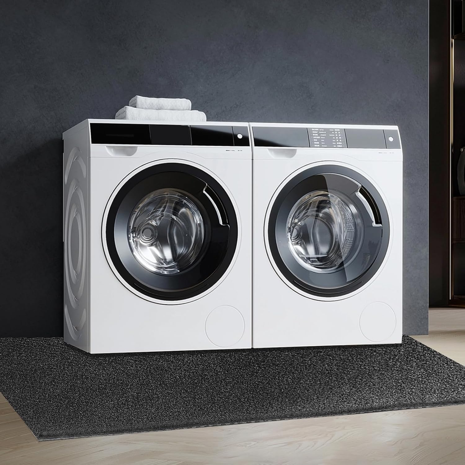 Under Washing Machine Mat 63 x 36 Inches Waterproof Floor Mat Rubber Backing for Washer Dryer Fridge Refrigerator Floor Protection, Shock Absorbing, Noise Reducing, Non-Slip (Black, 63x36inch)