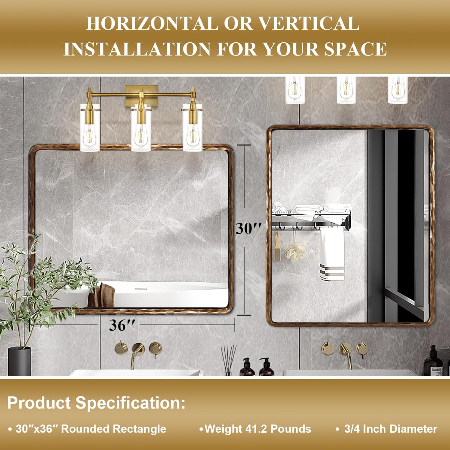 ANDY STAR Hand-Forged Gold Bathroom Mirrors for Wall, 30x36 Inch Vintage Solid Steel Metal Frame Bathroom Vanity Mirror, Antique Rounded Rectangle Wall Mirror, Hangs Horizontally or Vertically