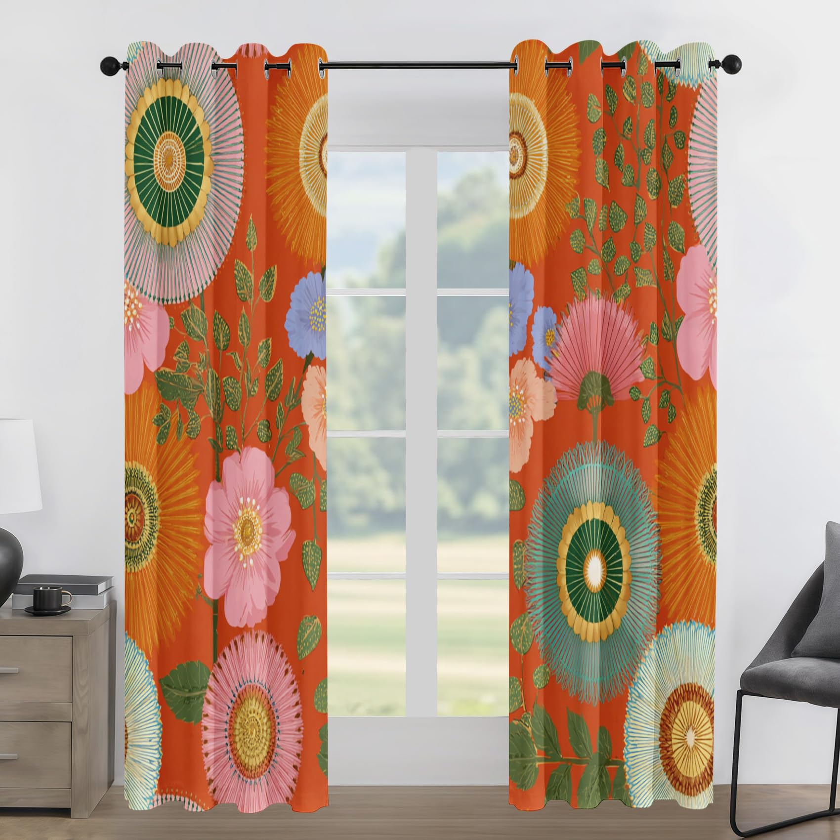 Générique Lot de 2 Rideau Occultant Fleur Bohème, Impression Floral Hippie Rétro Rideaux de Fenêtre Thermique Isolants Anti Bruit a Oeillets Rideaux Chambre Salon 140x245 cm L380y