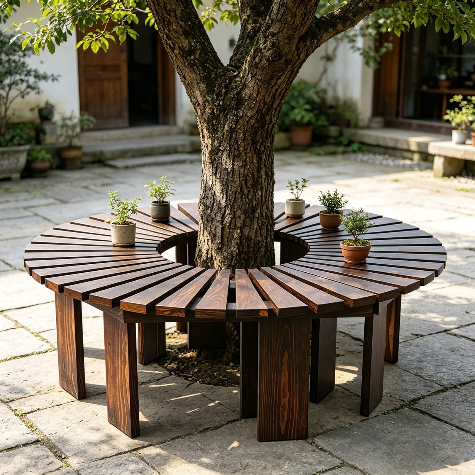 Taburetes de jardín y bancos del árbol con listones de madera para exterior