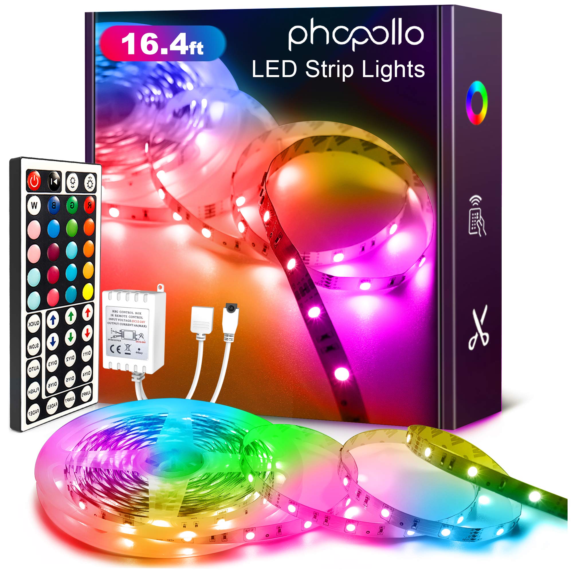PHOPOLLO Led Strip Lights Color Changing 16.4ft Flexible 5050 RGB Led Lights Kit with Power Supply and 44 Keys Remote