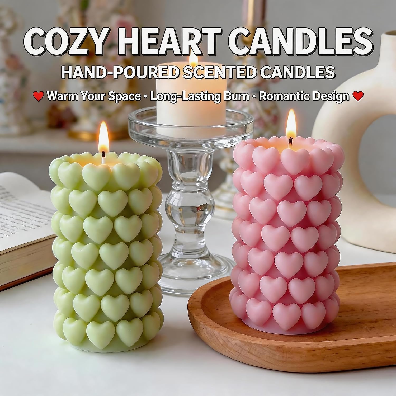 Pink Heart Shape Scented Pillar Candle,3D Love Heart Pillar Design,