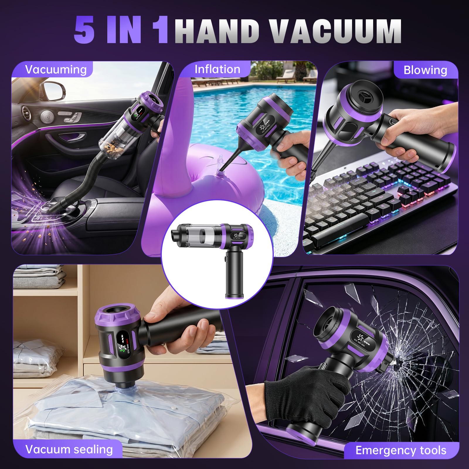 Aspirateur Voiture sans Fil 27000Pa Aspirateur à Main Puissant 5-en-1 avec Moteur Sans Brosse, 3 Vitesses, Mini Aspirateur Portable avec Écran LED Idéal pour Poils d’Animaux, Auto, Maison & Bureau
