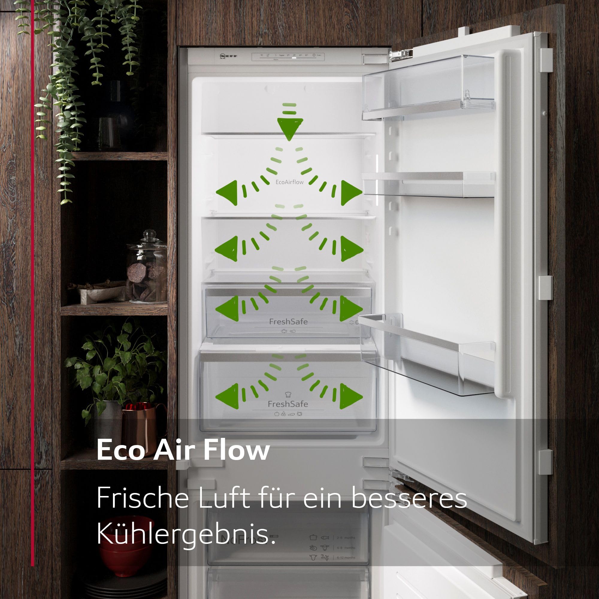 NEFF KI1412FE0, N 50, Einbaukühlschrank, 122,5x56 cm, Kühlen 204 l, 35dB, LED Beleuchtung, Sicherheitsglas, Flachscharnier, 1 Fresh Safe Schublade, Made in Germany | Made in Germany, 204 L Kapazität, Fresh Safe Schublade hält Gemüse frisch, gleichmäßige K
