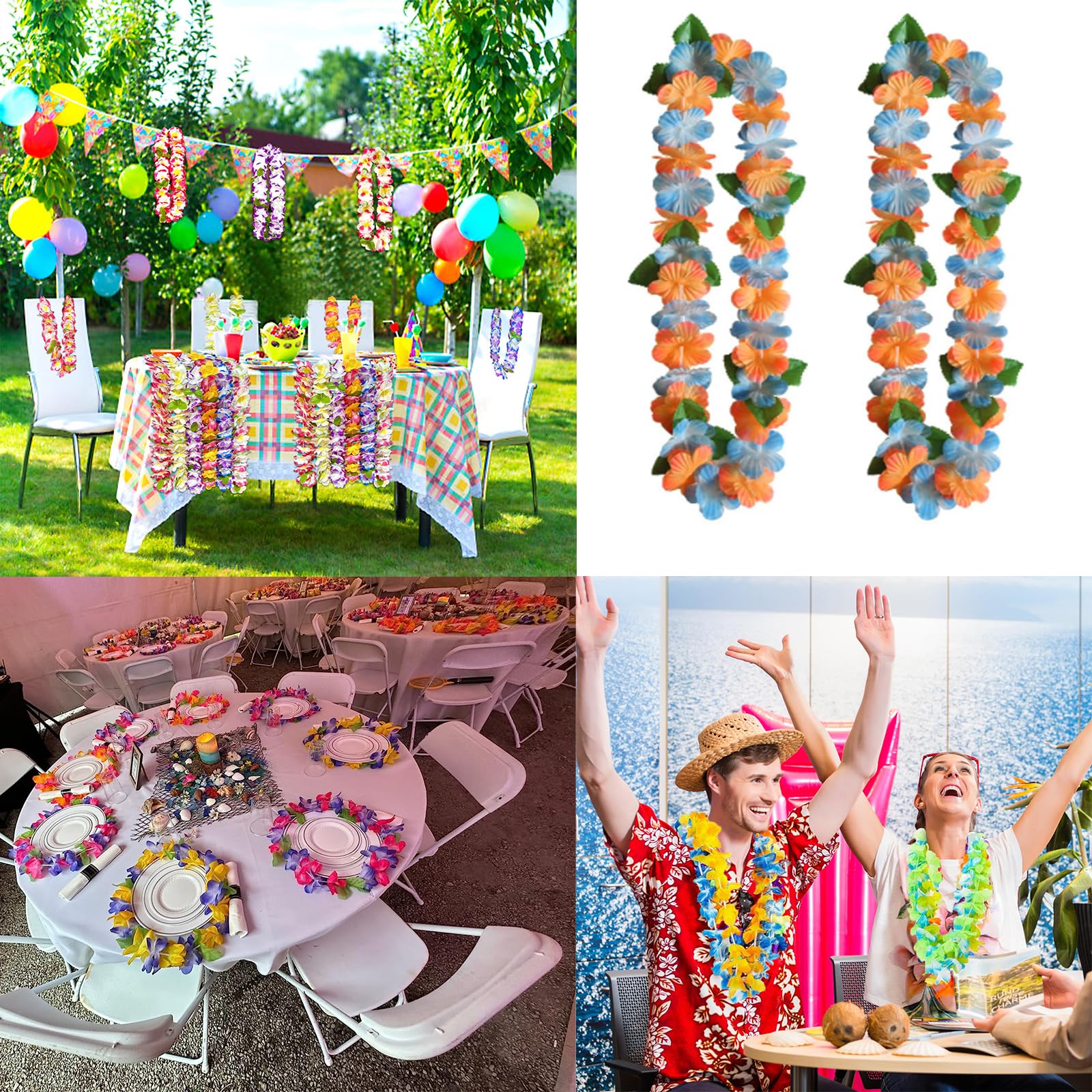 Hawaiian Garland Necklace Pack of 2 Hawaiian Tropical Party Decorations Hawaiian Hula Multicoloured Flower Garlands for Tropical Parties Beach Parties - Image 4