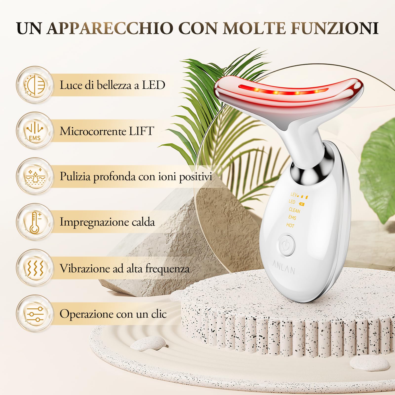 ANLAN Dispositivo di Bellezza Antirughe, Impacco Caldo a 45 ℃ Terapia Della Luce Massaggiatore Viso EMS lifting del Collo Rassodante per Tonificare il Viso,Timer di spegnimento di 5 minuti